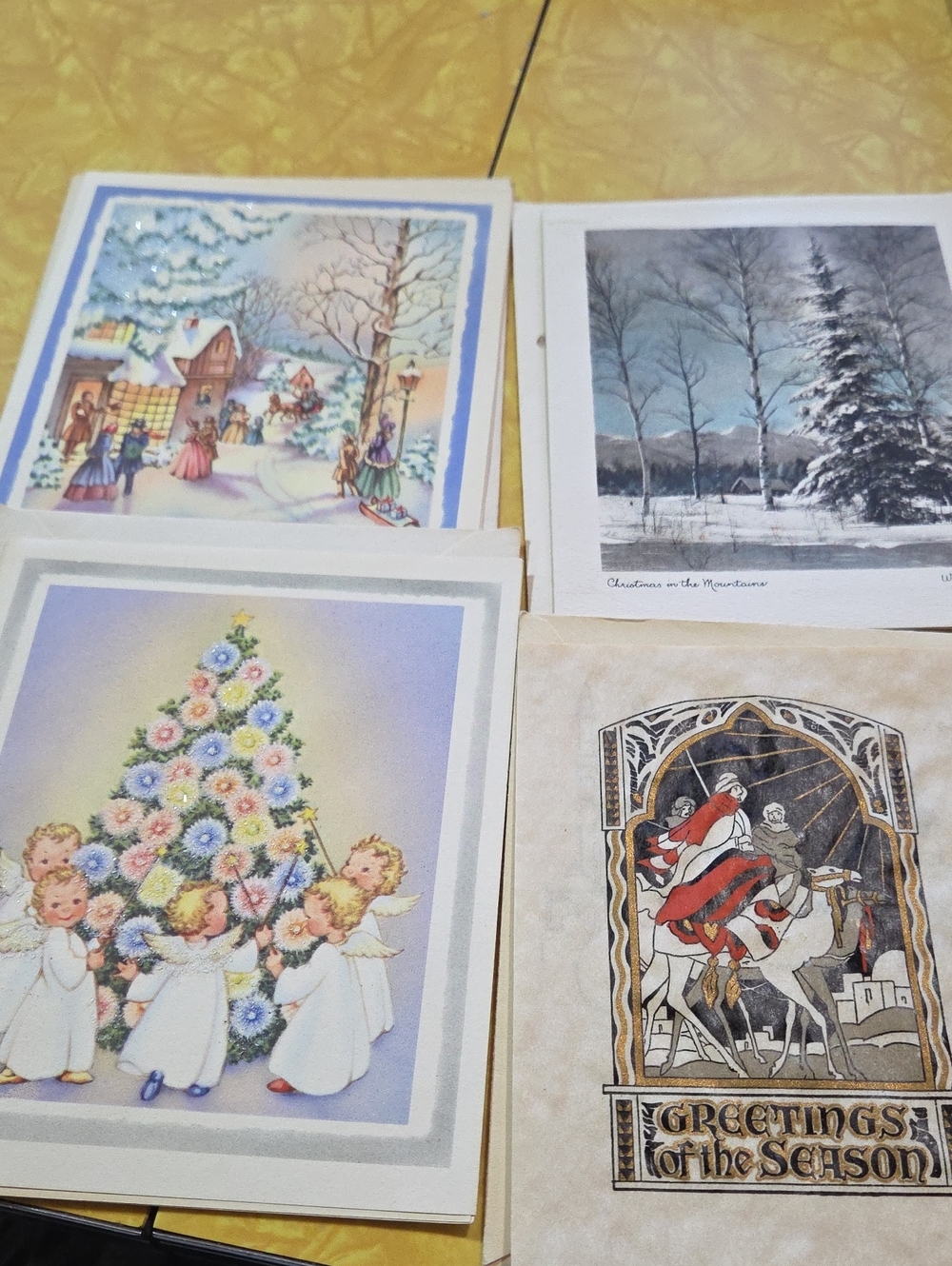 Holiday Greeting Card Set with Vintage Illustrations - White, Blue, Cream